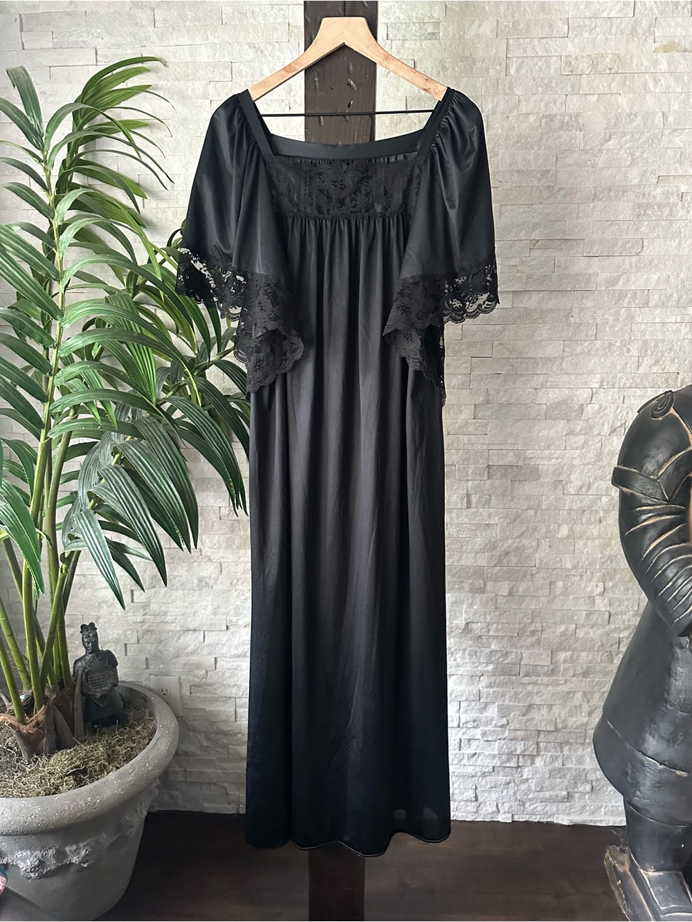 Deena Vintage Black Lace-Trim Long Nylon Nightgown Size M